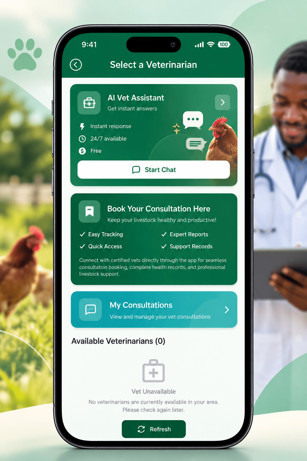 Tijafugo veterinarian screen with AI vet assistant and consultation options
